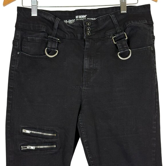 Hot Topic Black Skinny Jeans Sz 13 Zippers Patches Straps D-Rings Punk Emo Goth - Picture 2 of 10